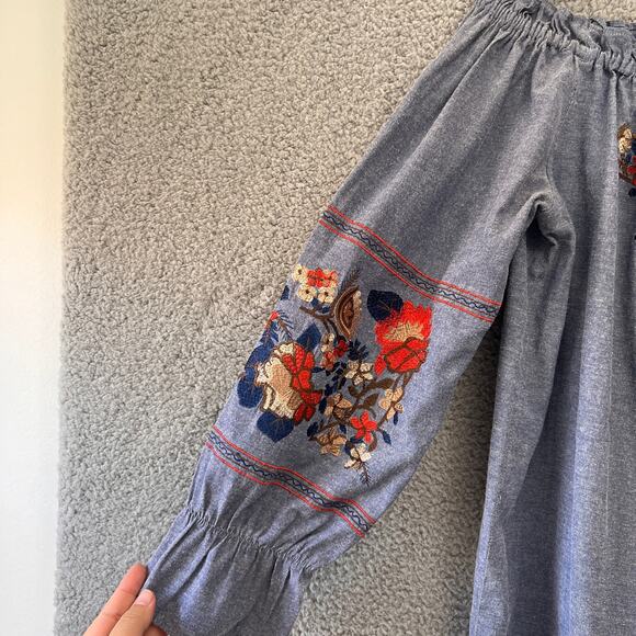 Chambray Light Blue Floral Embroidered OFF Shoulder Mini Dress Denim Cotton L - Picture 5 of 10